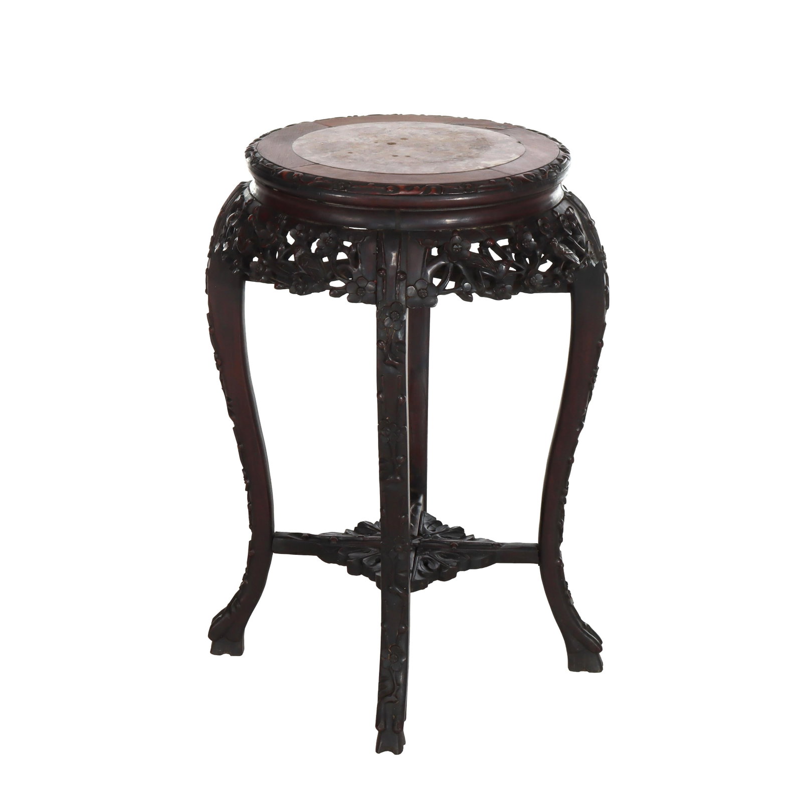 Early 20th Century Chinese Rosewood Stand with Rouge Marble Inset Top: Early 20th Century Chinese Rosewood Stand with Rouge Marble Inset Top This antique Chinese stand from circa 1920 is crafted from rosewood and showcases intricate floral carvings. The top features a ro