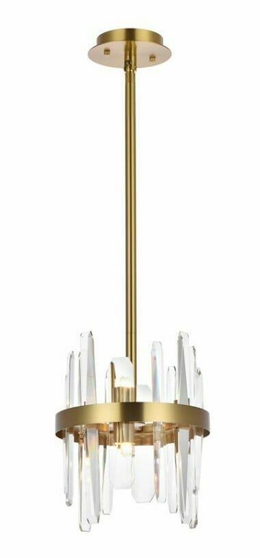Serena 6-Light Satin Gold Crystal Pendant: Serena 6-Light Satin Gold Crystal Pendant This modern 6-light mini pendant chandelier features a satin gold finish and high-quality royal cut clear crystals, creating a sophisticated look suitable for