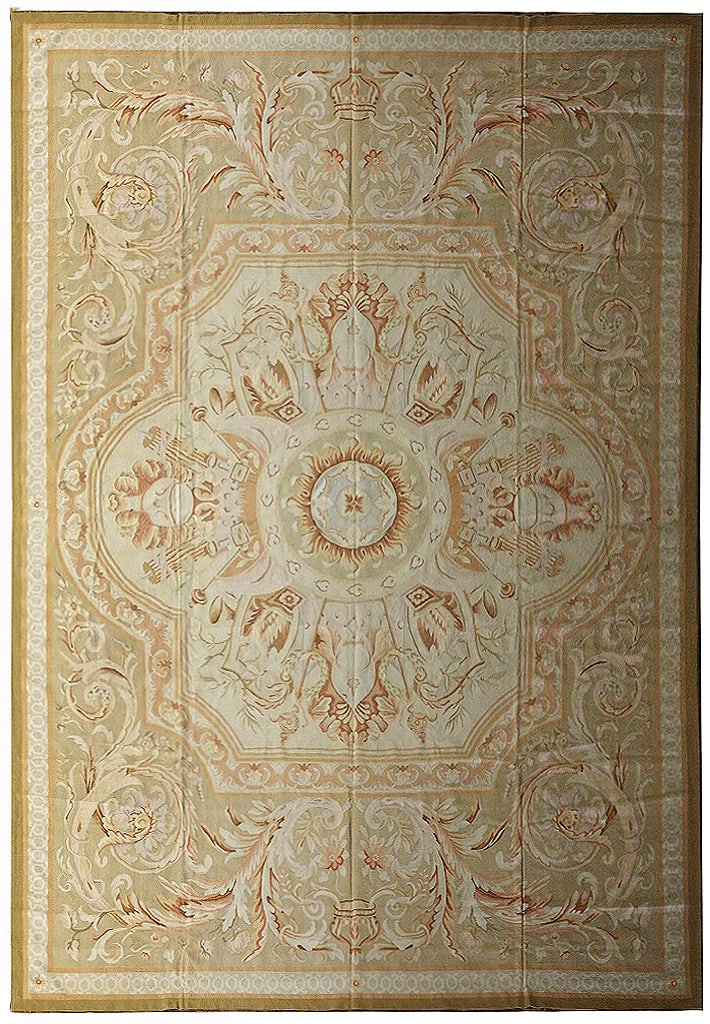 Elegant 12' x 18.2' Handcrafted Aubusson Rug in Light Sage Green: Elegant 12' x 18.2' Handcrafted Aubusson Rug in Light Sage Green Free continental US Shipping Enhance your living space with this elegant 12' x 18' Flatweave Aubusson Rug, featuring a soothing Neutral