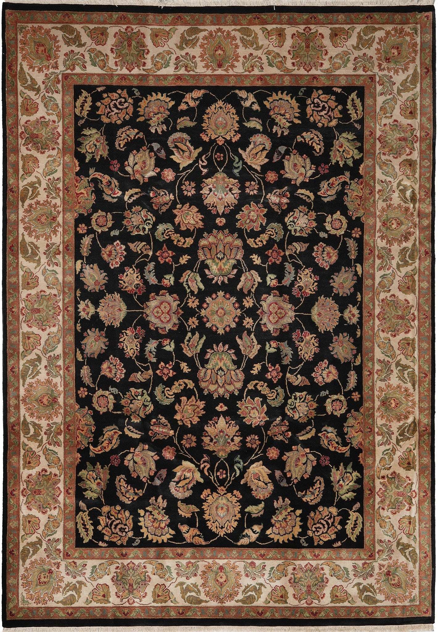 9 x 12 Black Dense Wool Hand-Knotted Jaipur Rug: 9 x 12 Black Dense Wool Hand-Knotted Jaipur Rug Free continental US Shipping This 9 x 12 hand-knotted Jaipur rug is made from dense wool and features a lustrous black finish with a traditional design.