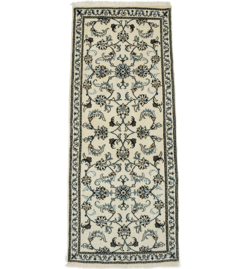 Hand Knotted Wool Floral Runner Rug 2'6 x 6'3: Hand Knotted Wool Floral Runner Rug 2'6 x 6'3 This handmade Oriental runner rug features an intricate floral design in cream, dark navy, light blue, beige, and brown hues. Expertly hand-knotted from w