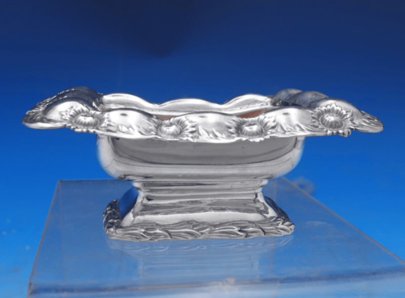 Tiffany Chrysanthemum sterling silver salt cellar with gold washed interior: Tiffany Chrysanthemum sterling silver salt cellar with gold washed interior This is a Tiffany & Co. Chrysanthemum pattern master salt dip crafted from sterling silver with a gold washed interior. Desi