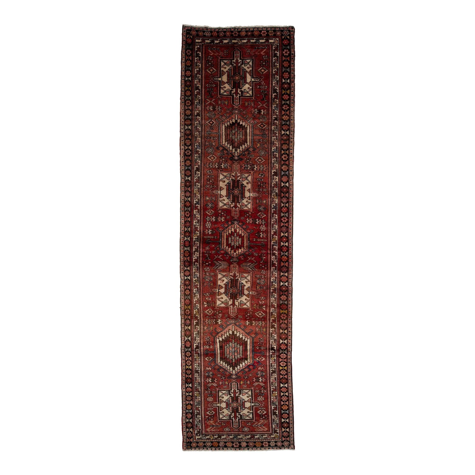 Handmade Heriz Persian Wool Runner Rug Brick Red Geometric Design 3'4" x 12'5": Handmade Heriz Persian Wool Runner Rug Brick Red Geometric Design 3'4" x 12'5" This exquisite handmade Heriz Persian wool runner showcases a stunning geometric design in a vibrant array of colors set 