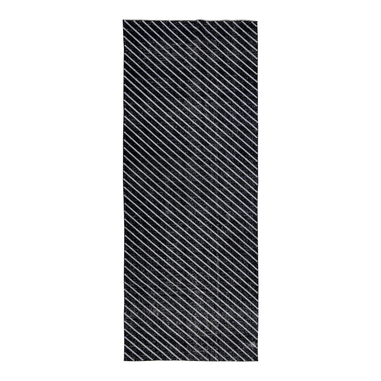Turkish Handmade Black Wool Rug with Diagonal Line Pattern 4'9 x 12'4: Turkish Handmade Black Wool Rug with Diagonal Line Pattern 4'9 x 12'4 Enhance your space with this exquisite Modern Turkish Handmade Wool Rug. Featuring a striking black distressed look, this rug show