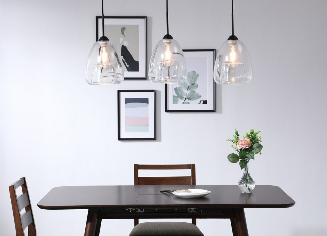 Kason 3 Light Black Glass Pendant Chandelier: Kason 3 Light Black Glass Pendant Chandelier This modern pendant chandelier features a sleek black finish with clear glass shades, offering a contemporary look ideal for dining rooms, kitchens, and li
