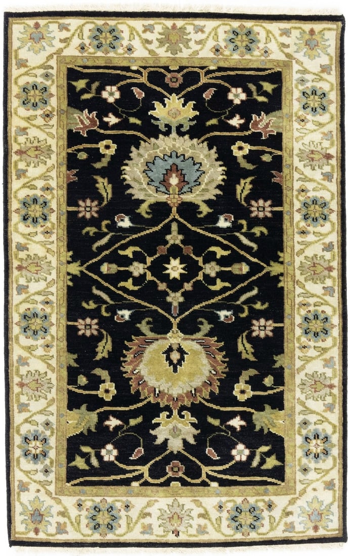 Handmade Black Osh Chobi Floral Area Rug 3'1 x 4'10 Wool: Handmade Black Osh Chobi Floral Area Rug 3'1 x 4'10 Wool This exquisite Handmade Black Osh Chobi Peshawar Rug features a charming small floral design, bringing a touch of elegance to any space. Measur