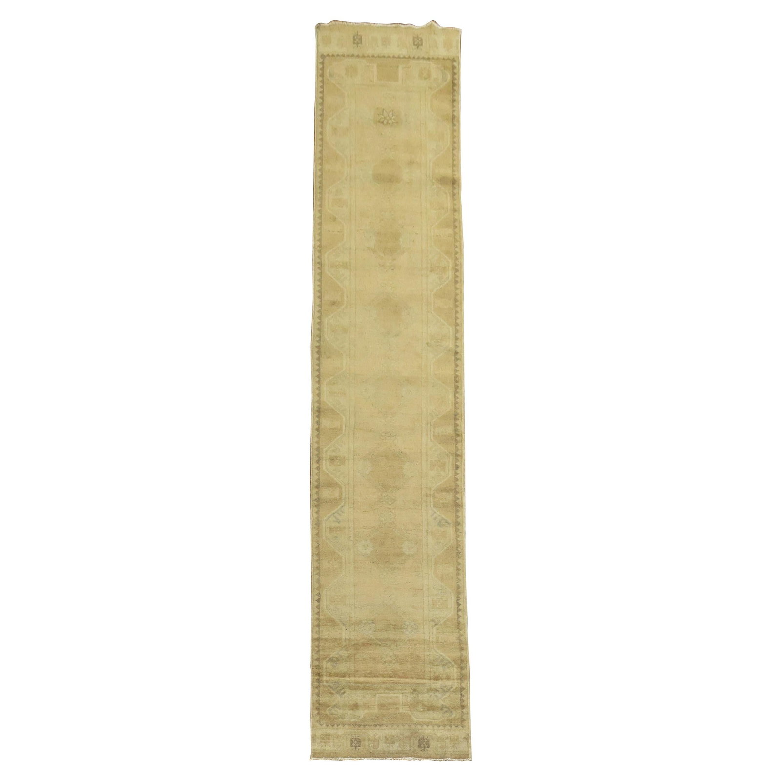 Mid Century Turkish Oushak Wool Runner 32 x 161: Mid Century Turkish Oushak Wool Runner 32 x 161 This is a narrow and long Turkish Oushak runner crafted in the mid-20th century. The runner features a modern tone-on-tone design in brown and beige, wi