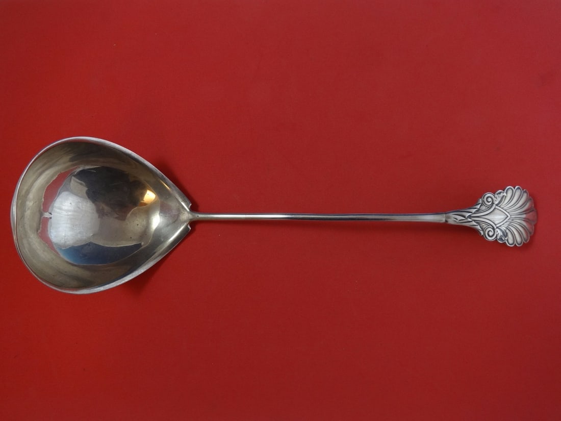 Grecian Pattern Sterling Silver Soup Ladle by Gorham 13 3/4 inches: Grecian Pattern Sterling Silver Soup Ladle by Gorham 13 3/4 inches This exquisite Grecian soup ladle by Gorham showcases timeless craftsmanship in sterling silver. Measuring 13 3/4 inches, it features