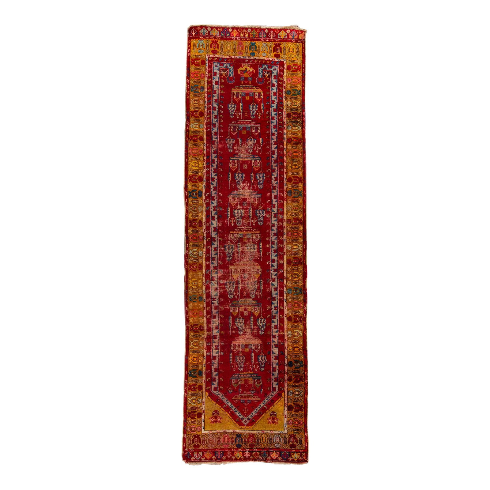 Antique Oushak Handmade Wool Runner Red Geometric 3'5 x 12'3: Antique Oushak Handmade Wool Runner Red Geometric 3'5 x 12'3 Enhance your living space with this beautiful antique Oushak hand-knotted wool runner, featuring a vibrant red field complemented by a tan 