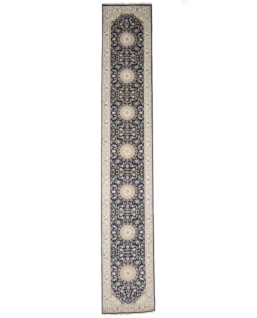 Handmade Floral Navy Wool Silk Runner Rug 2'8 x 16'1 Modern Design: Handmade Floral Navy Wool Silk Runner Rug 2'8 x 16'1 Modern Design Enhance your living space with this exquisite 2'8" x 16'1" Extra Fine Navy Wool Silk Oriental Runner Rug. This oversized carpet featu