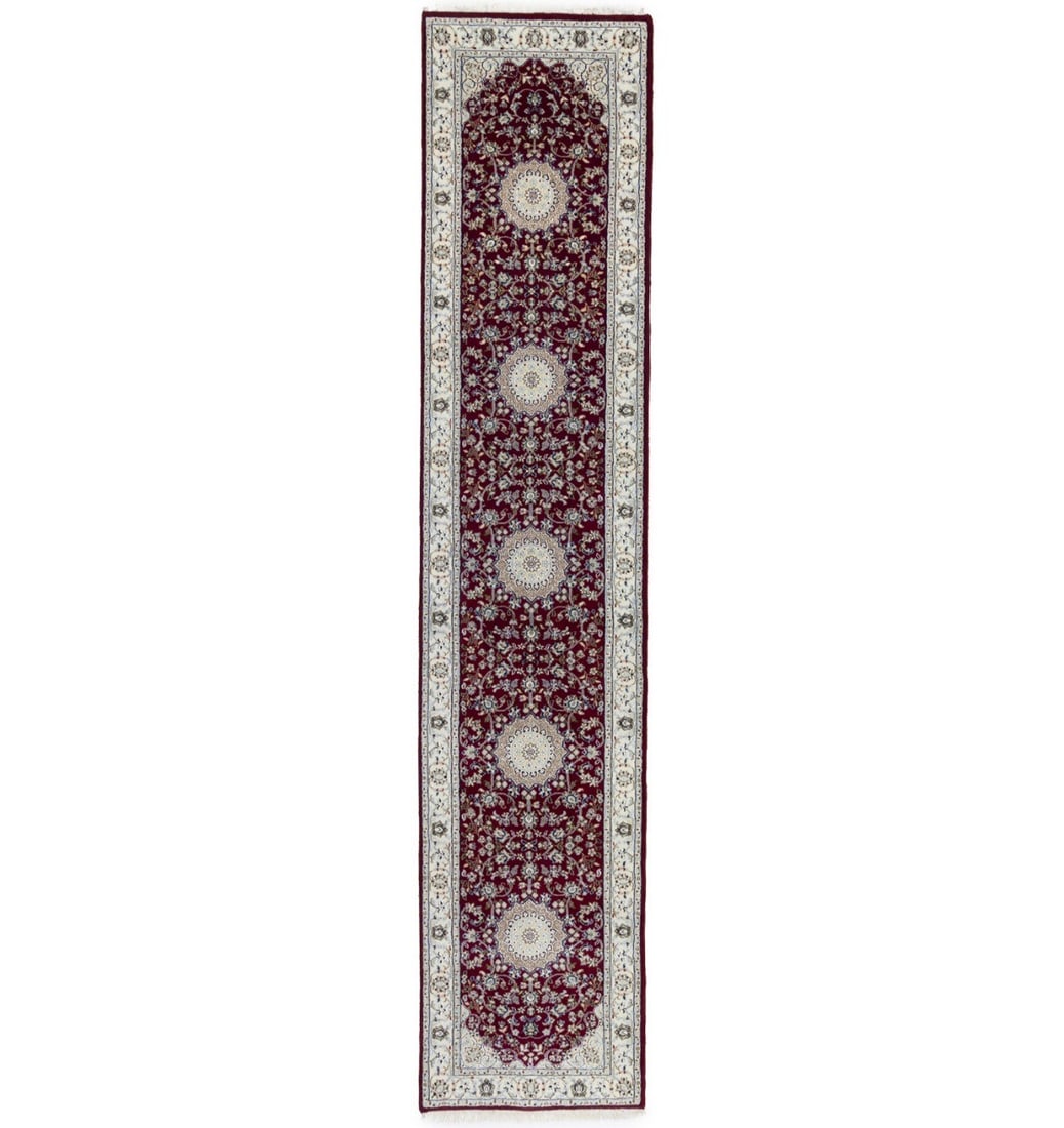 Hand Knotted Wool Silk Indo Nain Floral Runner 2'7 x 12'3: Hand Knotted Wool Silk Indo Nain Floral Runner 2'7 x 12'3 This Indo-Nain runner rug features a red floral pattern with accents of cream, dark navy, light gray, green, tan, and brown. Expertly hand-kno