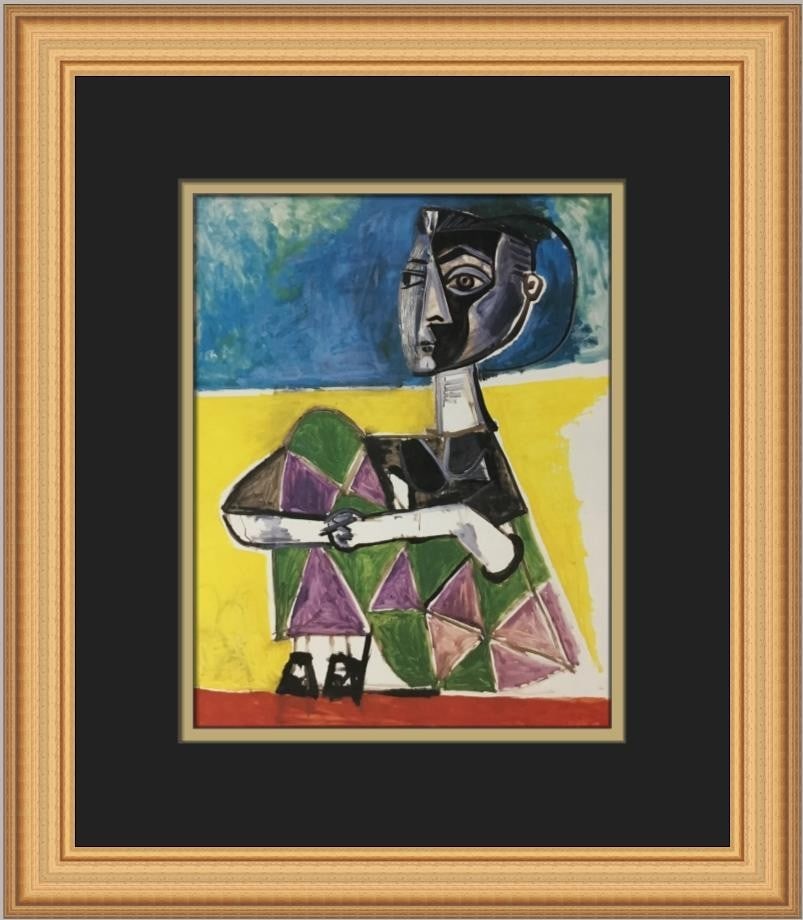 Pablo Picasso Jacqueline Sitting Custom Framed Art Print 15x13: Pablo Picasso Jacqueline Sitting Custom Framed Art Print 15x13 This stunning custom framed print features Pablo Picasso's work titled "Jacqueline Sitting," showcasing his signature abstract cubism and