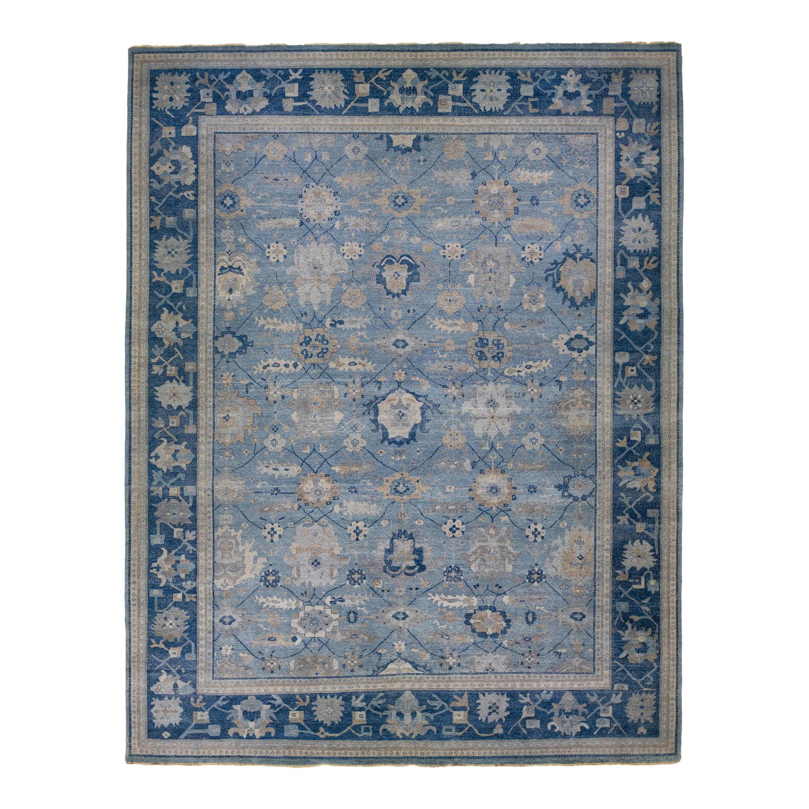 Modern Mahal Handmade Blue Wool Rug 14'10 x 19'00: Modern Mahal Handmade Blue Wool Rug 14'10 x 19'00 Enhance your living space with the Modern Mahal Handmade Allover Indian Blue Wool Rug. This stunning hand-knotted rug features an exquisite all-over f