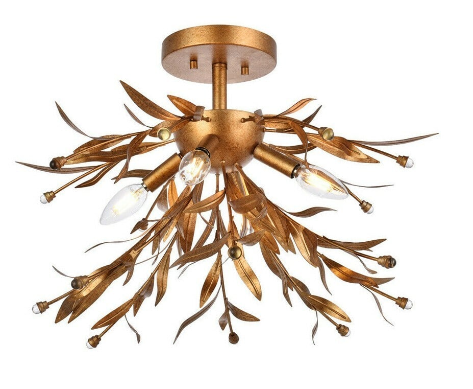 Living District Antique Gold Leaf Glass 4-Light Semi Flush Mount Ceiling Fixture: Living District Antique Gold Leaf Glass 4-Light Semi Flush Mount Ceiling Fixture This semi flush mount chandelier features four lights and an antique gold leaf finish, complemented by royal cut clear 