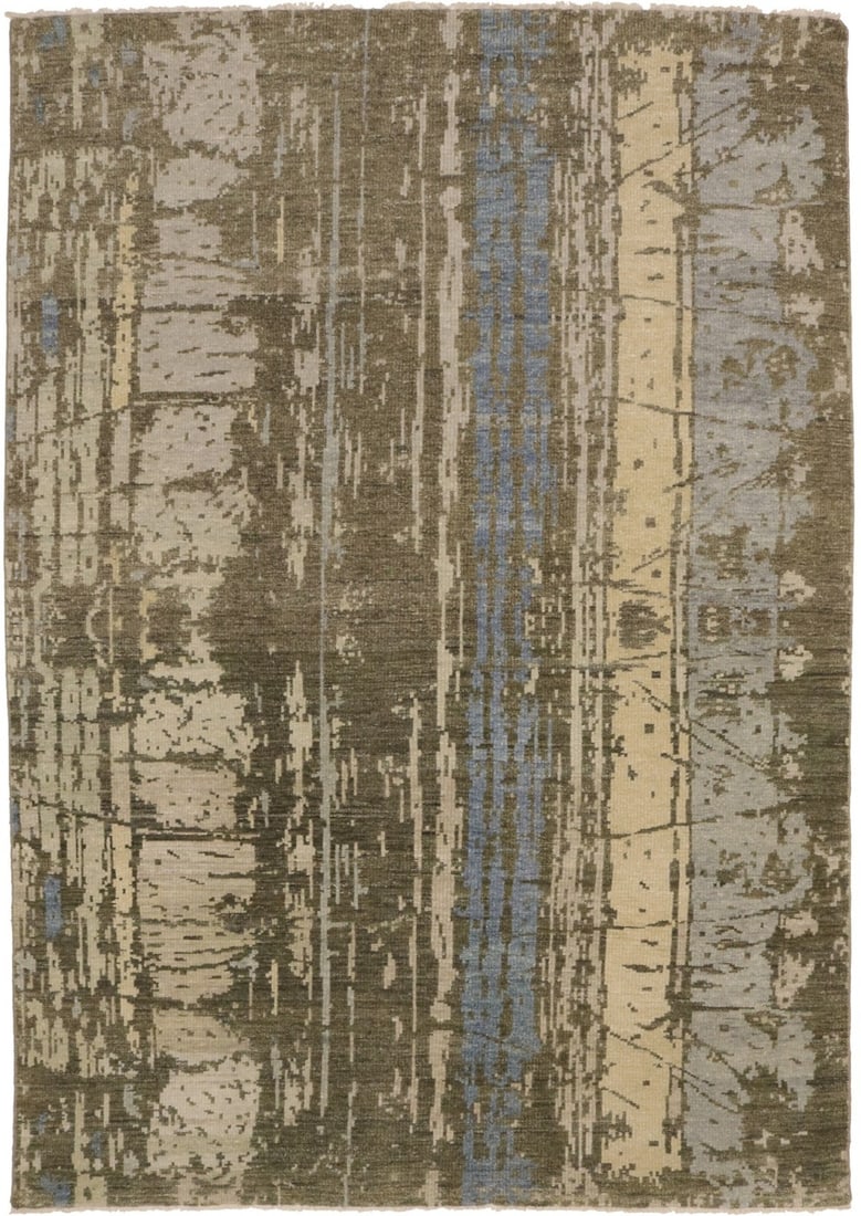 Hand-Knotted Wool Modern Area Rug Abstract Pattern 6'2" x 8'10" Multicolor: Hand-Knotted Wool Modern Area Rug Abstract Pattern 6'2" x 8'10" Multicolor This handmade modern area rug features a multicolored abstract design with cream, brown, blue, and other tones. Crafted from 
