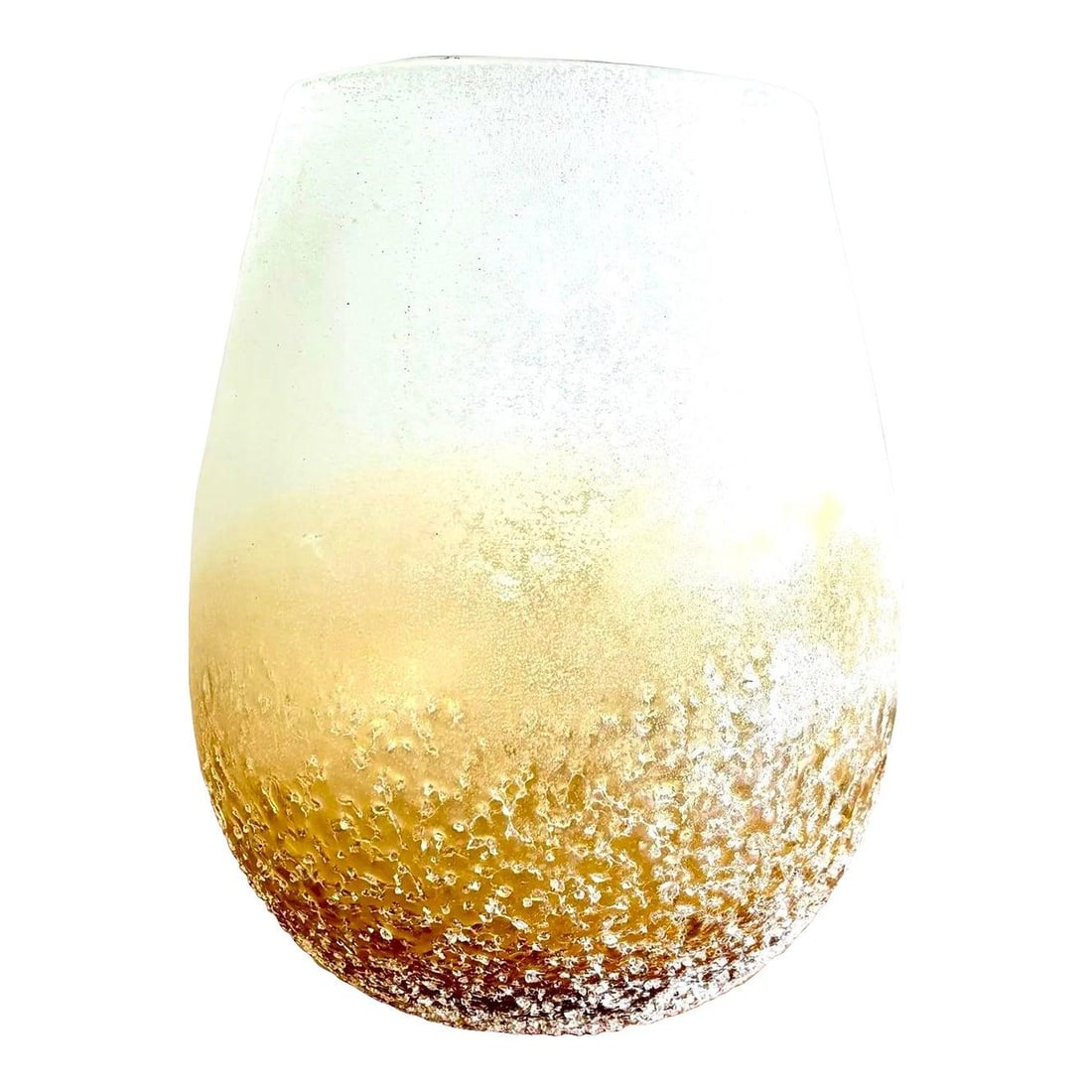 Boho Hand-Blown Glass Vase with Ombre Fade and Textured Surface: Boho Hand-Blown Glass Vase with Ombre Fade and Textured Surface This stunning hand-blown art glass vase features a moody design with a soft frosted ombre fade from milky white to golden amber. The bot