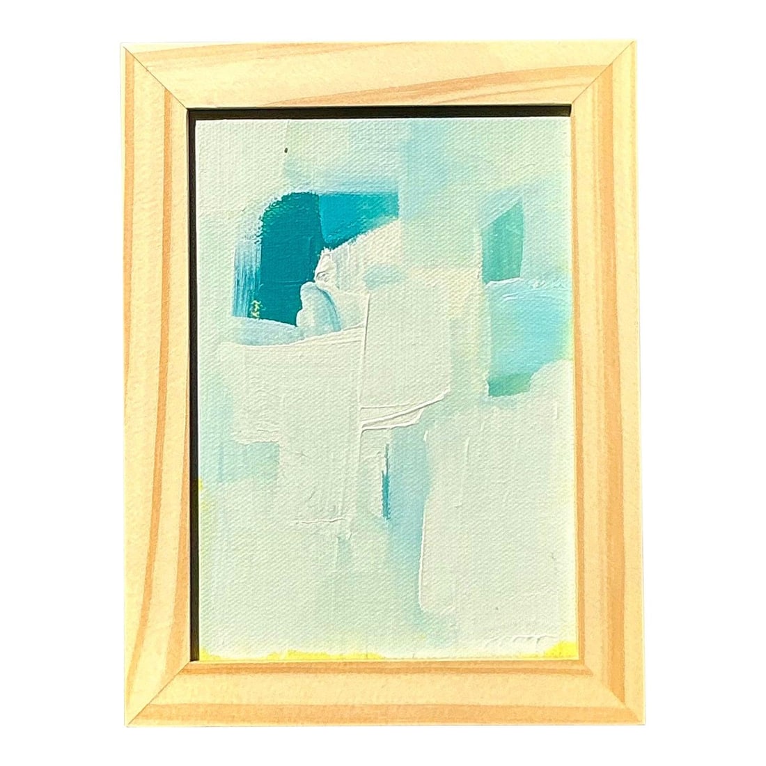 Original Abstract Coastal Oil on Canvas in Minimalist Wood Frame 8.25 x 6.25: Original Abstract Coastal Oil on Canvas in Minimalist Wood Frame 8.25 x 6.25 This original abstract oil painting on canvas features a serene coastal-inspired composition, rendered in a calming palette
