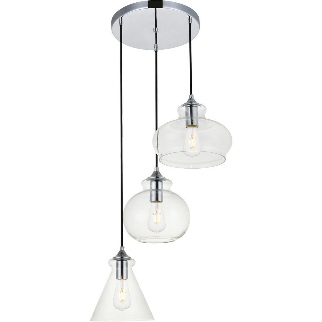 Destry Chrome Glass 3-Light Pendant Chandelier: Destry Chrome Glass 3-Light Pendant Chandelier This modern chandelier features three clear glass shades with a polished chrome finish, creating a contemporary look ideal for dining rooms, foyers, kitc