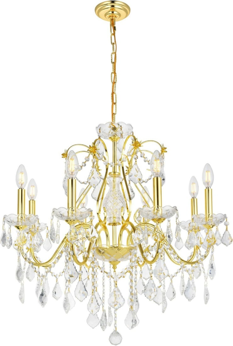 St Francis 8 Light Gold Crystal Chandelier 26 inch: St Francis 8 Light Gold Crystal Chandelier 26 inch This elegant chandelier features a gold finish and is adorned with clear glass and French pendant crystals in the Venetian or shabby chic style. Desi