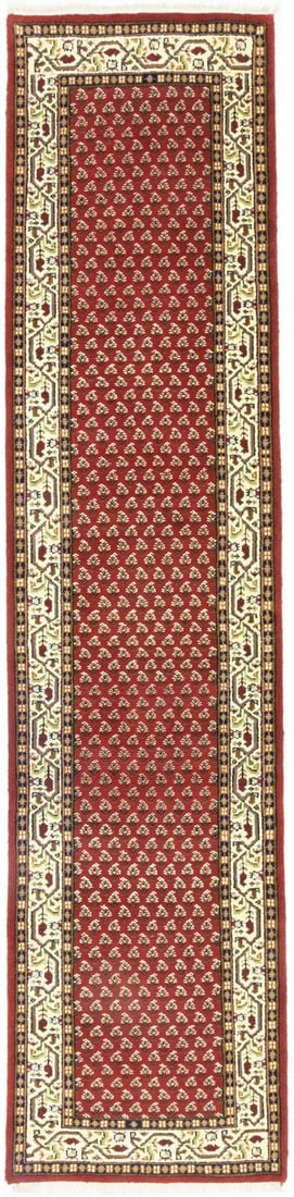 Hand-Knotted Wool Runner Rug 2'8 x 11'6 Floral Pattern Indo Botemir Design: Hand-Knotted Wool Runner Rug 2'8 x 11'6 Floral Pattern Indo Botemir Design This is a hand-knotted Indo Botemir Oriental runner rug featuring an allover floral pattern in shades of red, cream, brown, r