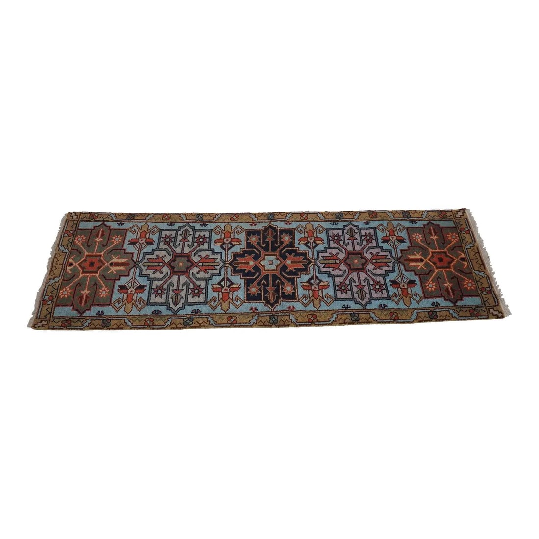 Blue Wool Hand Knotted Runner Rug 30 x 94 Earth Tone Modern Traditional: Blue Wool Hand Knotted Runner Rug 30 x 94 Earth Tone Modern Traditional This hand-knotted wool runner rug features vibrant earth tone colors and an intricate pattern, making it suitable for both moder