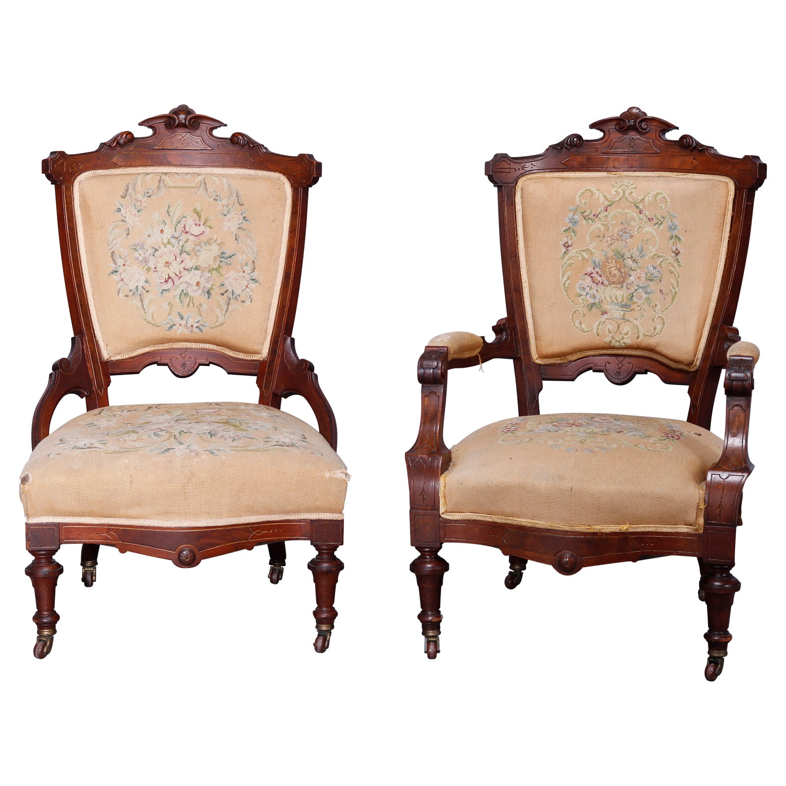Set of 2 Antique Renaissance Revival Walnut Needlepoint Chairs C1890: Set of 2 Antique Renaissance Revival Walnut Needlepoint Chairs C1890 This exquisite set of two antique Renaissance Revival parlor chairs, crafted around 1890, showcases the timeless elegance of walnut