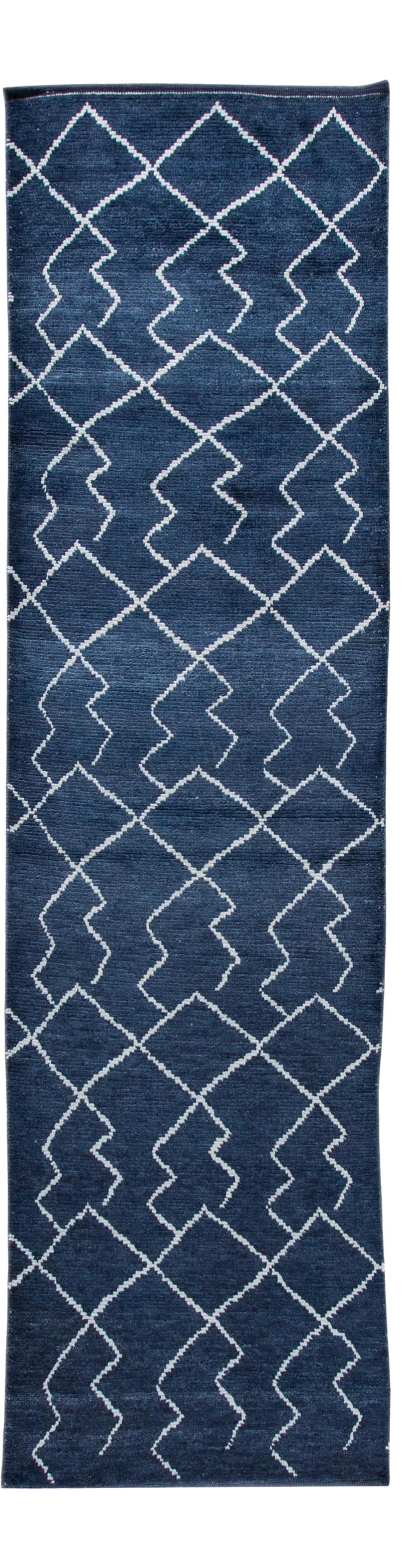 Handmade Navy Blue Wool Moroccan Runner 3'1 x 12'2 Geometric Design: Handmade Navy Blue Wool Moroccan Runner 3'1 x 12'2 Geometric Design Enhance your space with this stunning contemporary Moroccan style runner. Hand knotted from high-quality wool, this beautiful rug fe