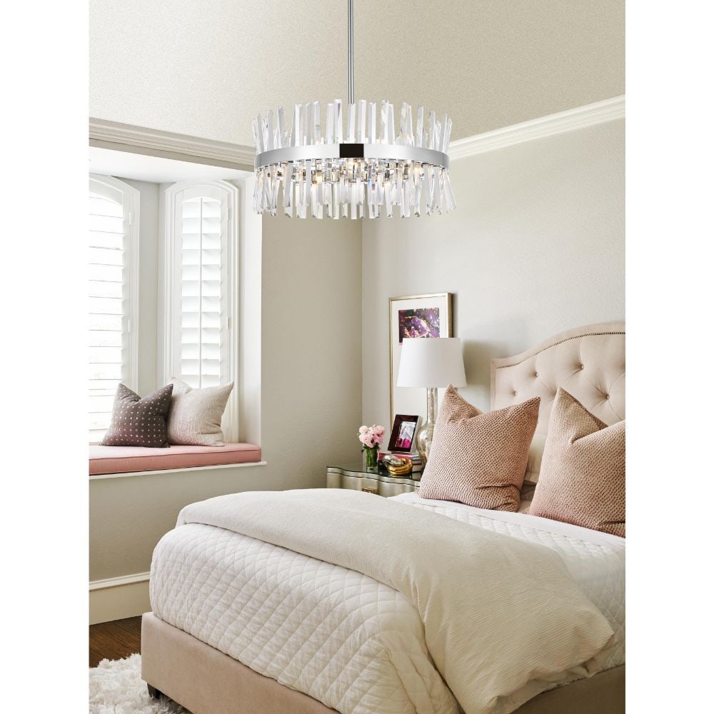 SEREPHINA 14-Light Chrome Crystal Chandelier 25 Inch: SEREPHINA 14-Light Chrome Crystal Chandelier 25 Inch This modern chandelier features 14 lights and a high-quality chrome-plated finish, complemented by royal cut clear crystal accents. Its round shape