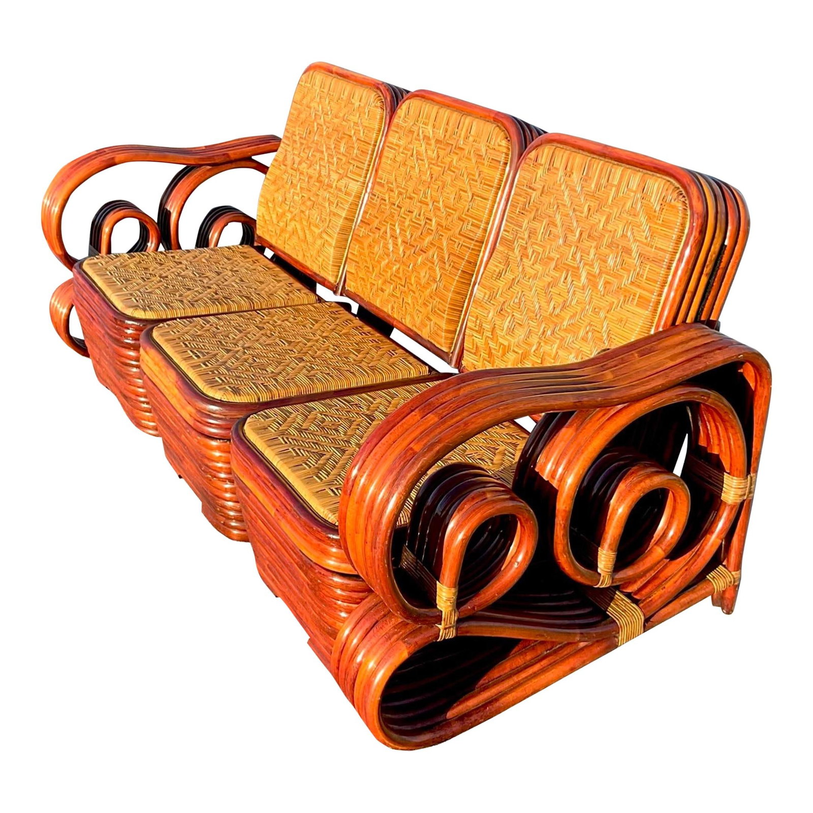 Vintage Coastal 3 Piece Rattan Sofa with Woven Seats: Vintage Coastal 3 Piece Rattan Sofa with Woven Seats Experience the charm of tropical living with this extraordinary vintage Coastal 3-piece sofa. Featuring a stunning design crafted from beautiful sc