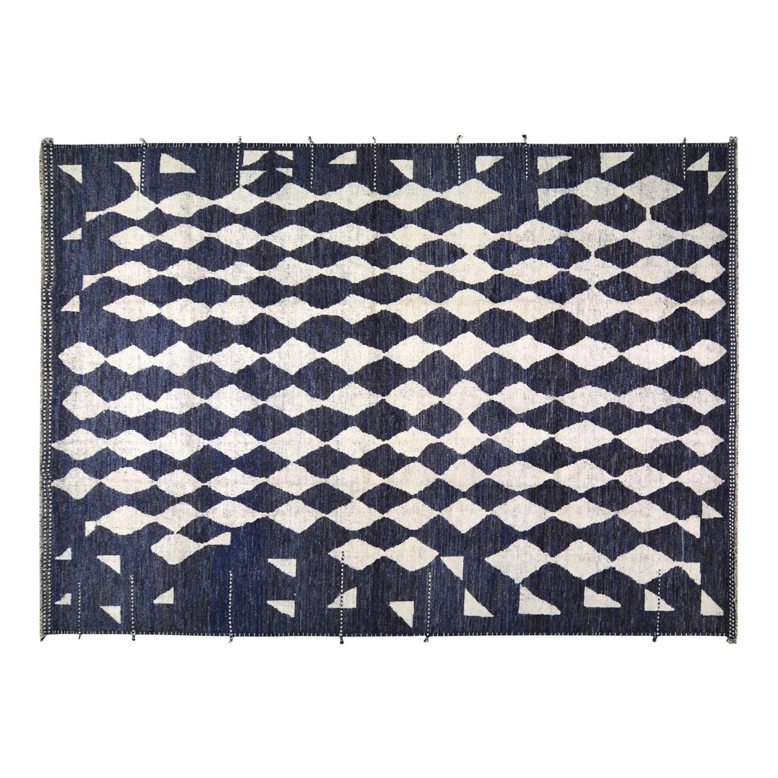 Ink Blue Wool Area Rug Hand Knotted Moroccan Design 10'5'' x 14'7'': Ink Blue Wool Area Rug Hand Knotted Moroccan Design 10'5'' x 14'7'' Expertly hand-knotted using traditional Moroccan techniques, this wool rug features a rich ink blue color and a soft, durable textur