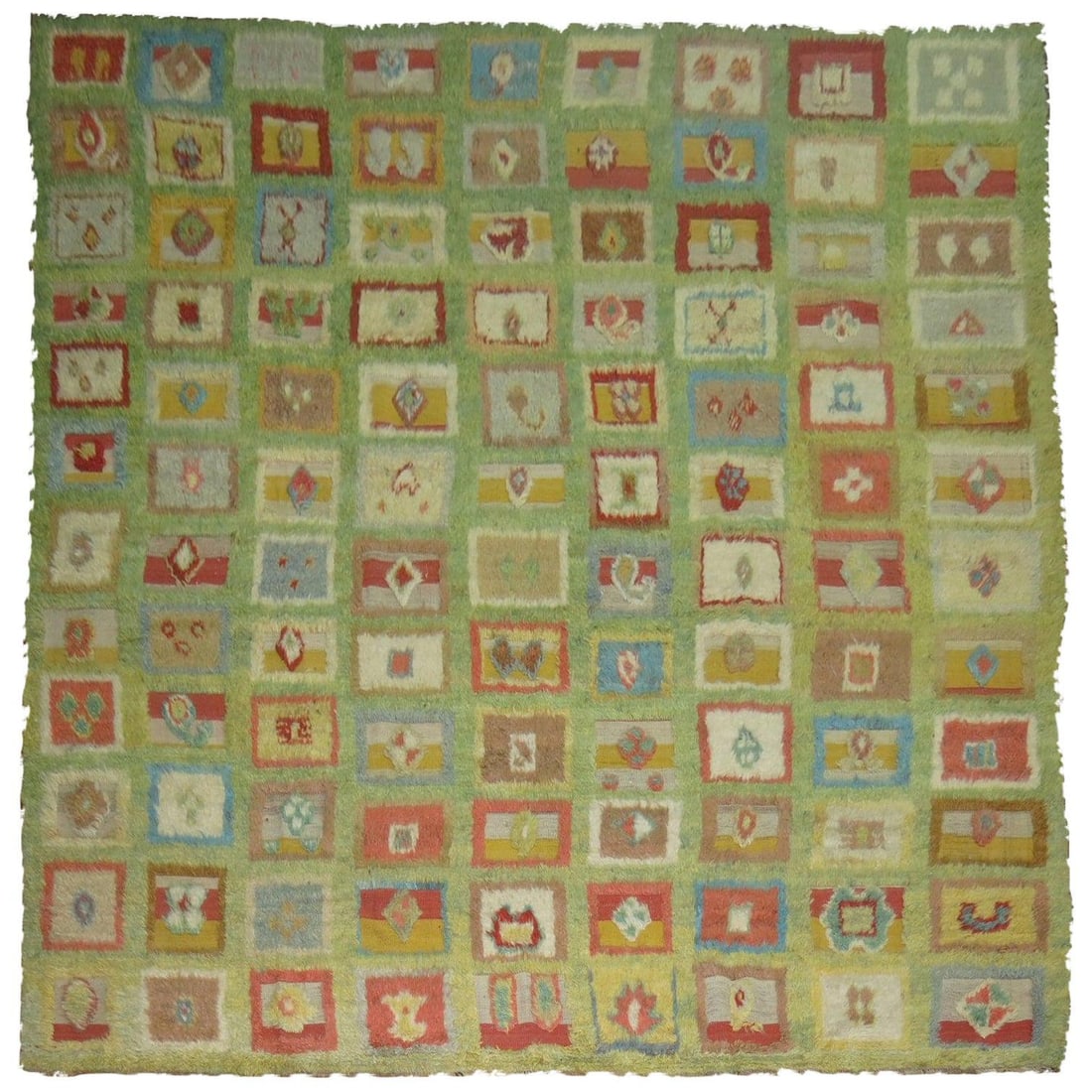 Turkish Wool Hand Knotted Green Shag Rug 11'9 x 13'4: Turkish Wool Hand Knotted Green Shag Rug 11'9 x 13'4 This large Turkish vintage shag rug features a striking all-over box motif on a green abrashed field, offering a unique and whimsical aesthetic. Ha