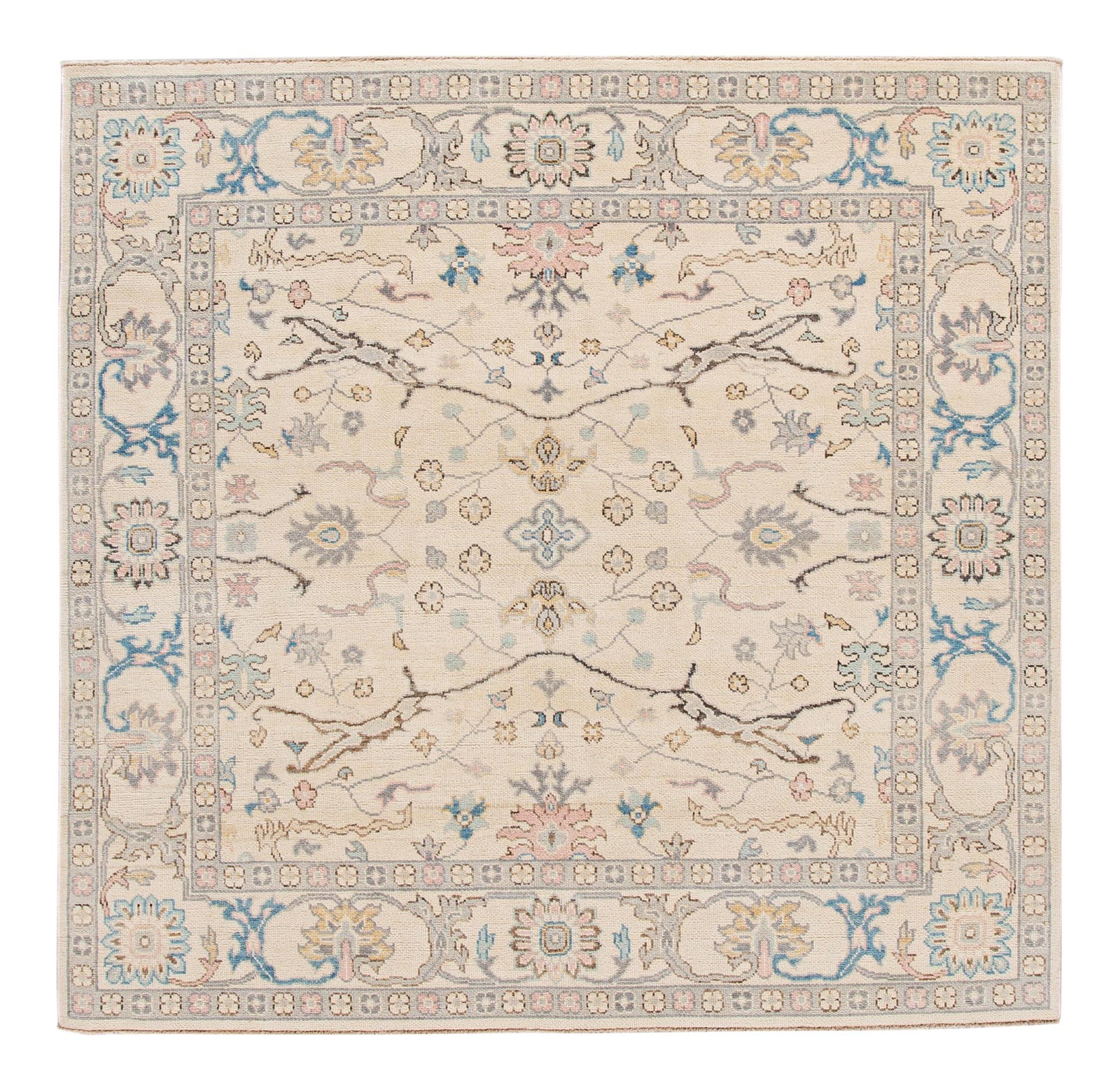 Beige Hand-Knotted Modern Oushak Square Wool Rug 8'2" x 8': Beige Hand-Knotted Modern Oushak Square Wool Rug 8'2" x 8' Enhance your living space with this stunning square Modern Oushak hand-knotted wool rug. Featuring a beautiful botanical floral design on a s