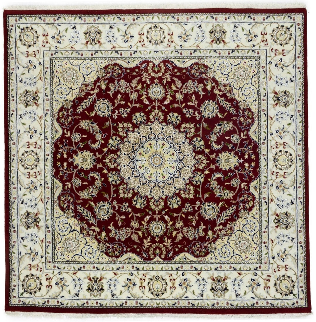 Hand-Knotted 6x6 Square Indo-Nain Wool Silk Red Floral Area Rug: Hand-Knotted 6x6 Square Indo-Nain Wool Silk Red Floral Area Rug This 6x6 square Indo-Nain area rug features a classic oriental floral pattern in red, cream, dark navy, light gray, green, tan, and brow