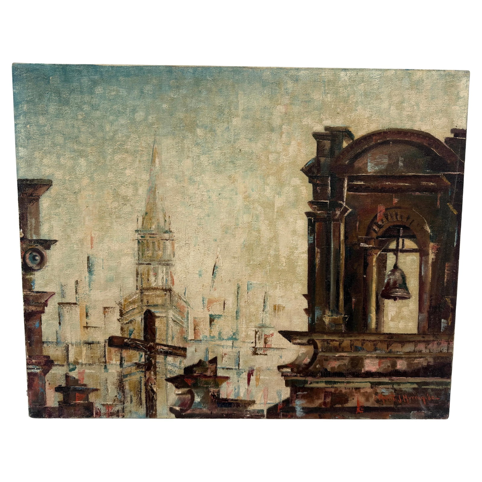 Bell Tower Cityscape Oil on Canvas by Martin J Murray 1960 Signed (1 of 9)