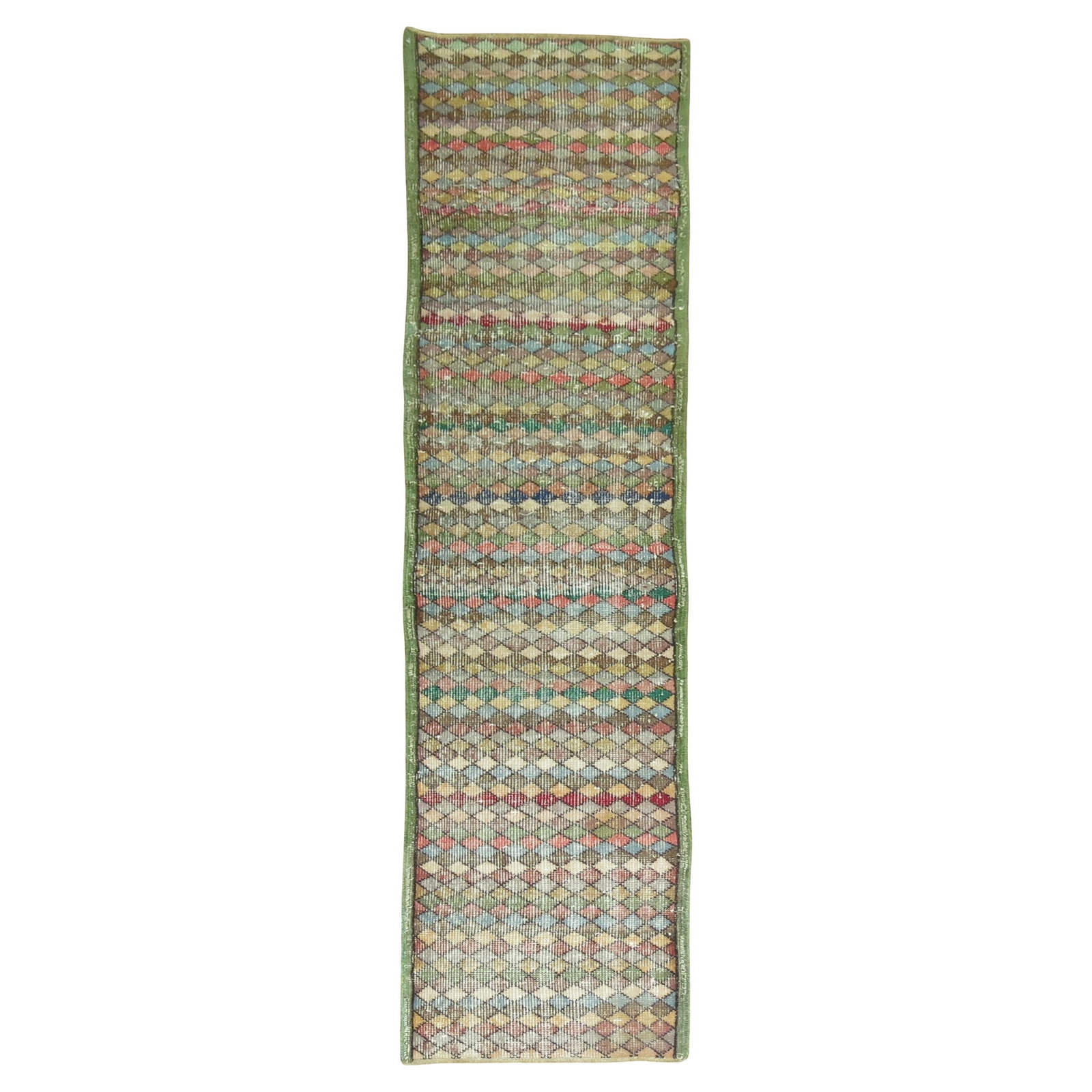 Mid-20th Century Green Wool Turkish Deco Runner Rug 22 x 91 Inches: Mid-20th Century Green Wool Turkish Deco Runner Rug 22 x 91 Inches This mid-20th-century Turkish Deco runner features a hand-woven wool construction in a worn green color. The rug showcases a primitiv