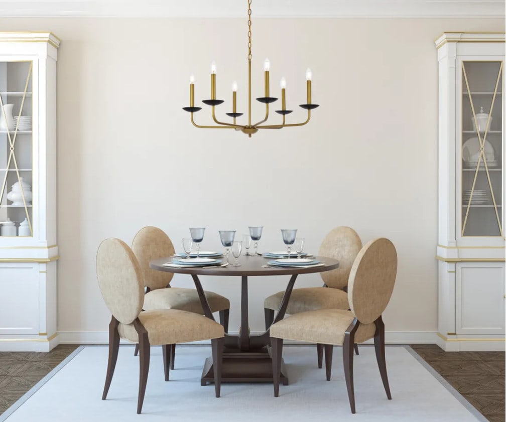 Living District 6 Light Brass Black Farmhouse Chandelier 30 Inch: Living District 6 Light Brass Black Farmhouse Chandelier 30 Inch This farmhouse-style chandelier features a striking black and brass metal frame with six lights, designed to complement dining rooms, l