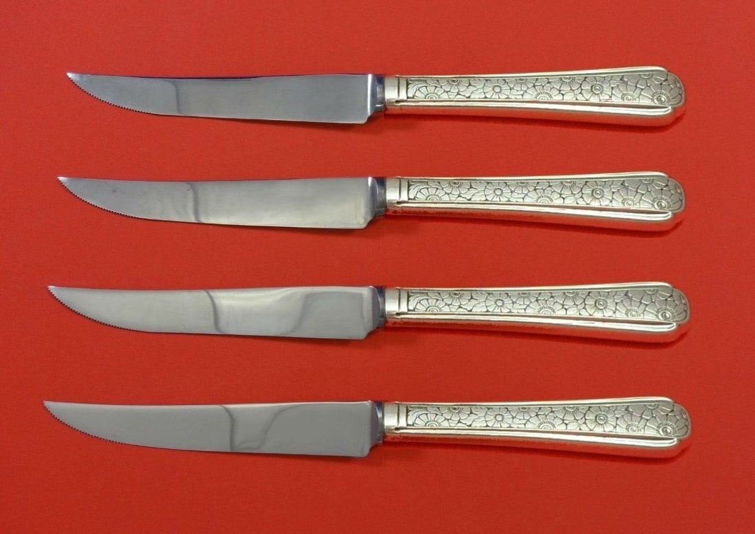 Towle Old Brocade Sterling Silver Steak Knife Set 4pc 8 1/2 inches: Towle Old Brocade Sterling Silver Steak Knife Set 4pc 8 1/2 inches This exquisite 4-piece steak knife set features the elegant Old Brocade pattern by Towle. Crafted from high-quality sterling silver w