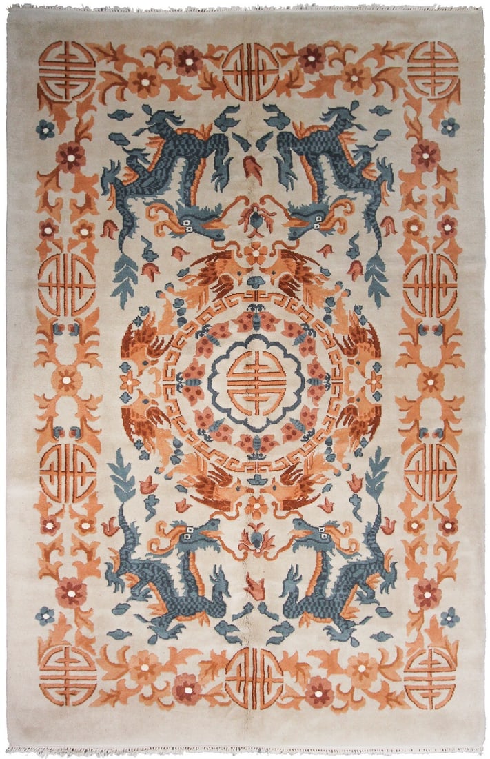 Handmade Chinese Art Deco Wool Dragon Area Rug 6x9 Ivory Circa 1960: Handmade Chinese Art Deco Wool Dragon Area Rug 6x9 Ivory Circa 1960 This vintage Art Deco rug from China, dating to around 1960, is a hand-knotted piece crafted from 100% wool with a cotton foundation