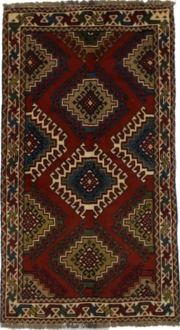 Hand-Knotted Wool Area Rug 3'4 x 6'3 Geometric Tribal Pattern: Hand-Knotted Wool Area Rug 3'4 x 6'3 Geometric Tribal Pattern This handmade wool Oriental rug features a geometric tribal design in dark orange, khaki, steel blue, olive, and other tones. Crafted usin
