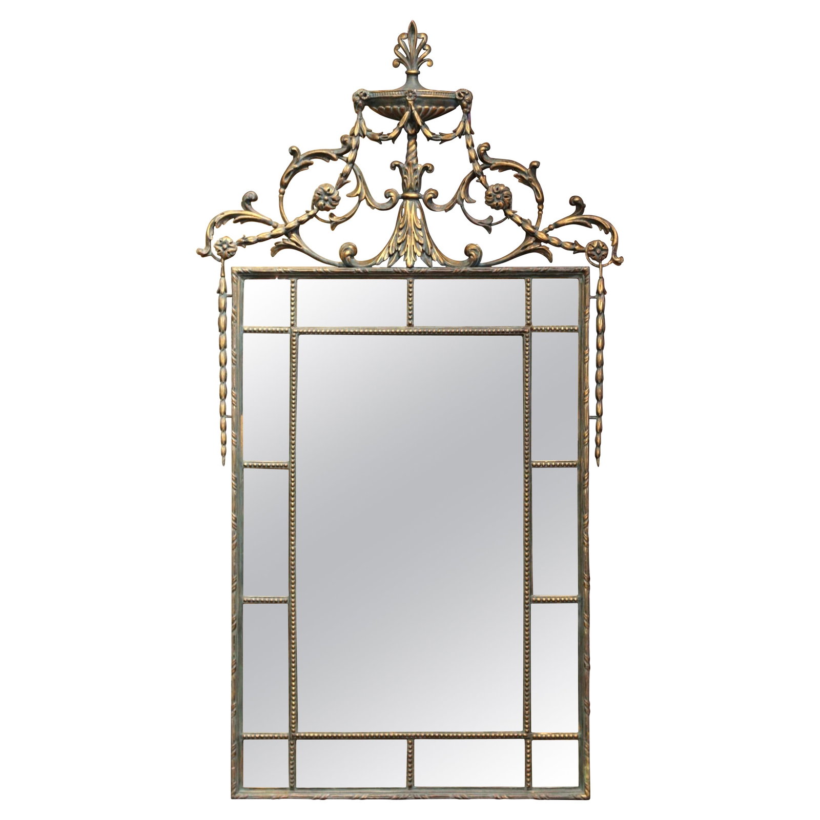 Regency Inspired Wall Mirror With Verdigris and Gilt Smoked Glass Accents: Regency Inspired Wall Mirror With Verdigris and Gilt Smoked Glass Accents This vintage Regency style wall mirror features a tall rectangular shape and is crowned with an ornate basket-form pediment de