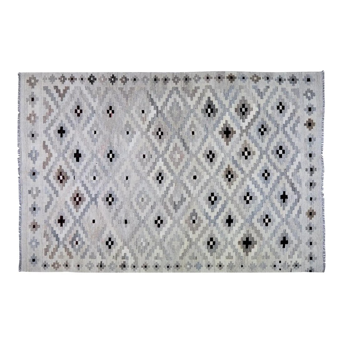 Gray Wool Flatweave Kilim Rug in Navajo Inspired Afghan Design 6'2" x 9'4": Gray Wool Flatweave Kilim Rug in Navajo Inspired Afghan Design 6'2" x 9'4" This Afghan Navajo style flatweave kilim rug is hand-knotted from wool using traditional rug-making techniques. Its design co