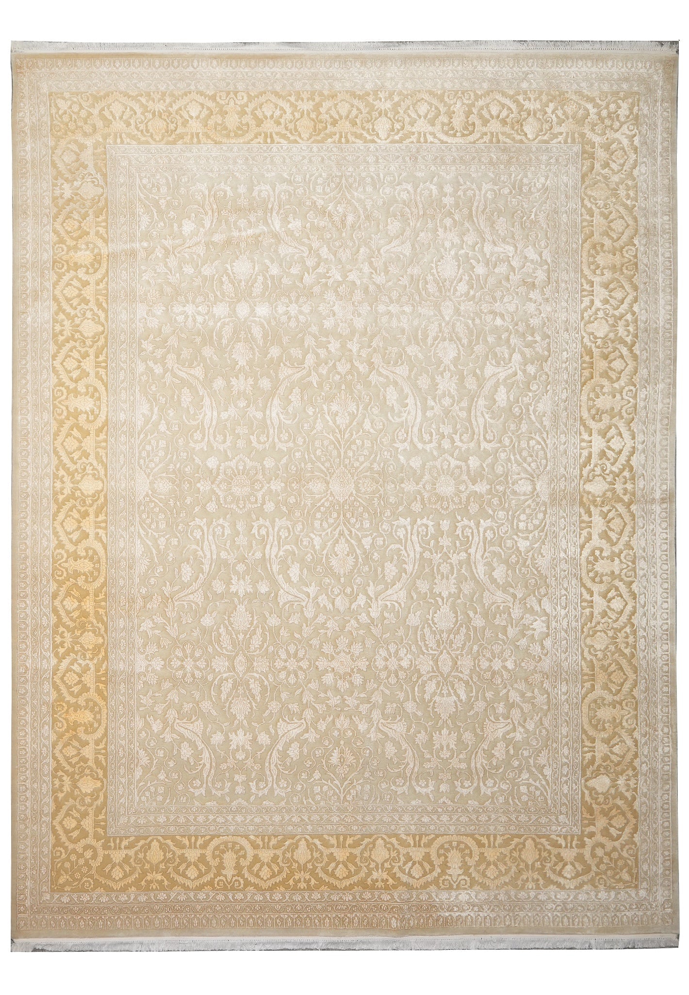 9 x 11.6 Fine Quality Wool Silk Transitional Hand-Knotted Rug: 9 x 11.6 Fine Quality Wool Silk Transitional Hand-Knotted Rug Free continental US Shipping Fine quality transitional hand-knotted rug made of wool and silk. It features an intricate floral and geometr