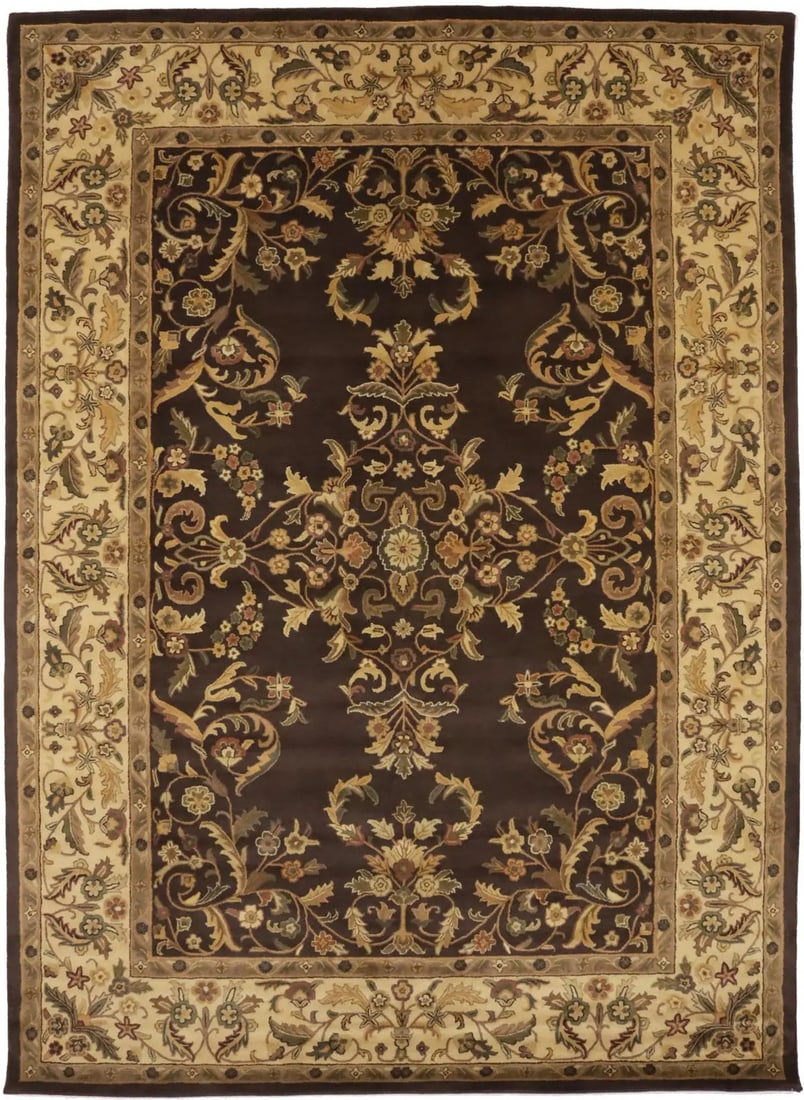 Hand-Tufted Wool Area Rug 9'5 x 13'1 Modern Floral Dark Brown: Hand-Tufted Wool Area Rug 9'5 x 13'1 Modern Floral Dark Brown This hand-tufted area rug features a classic floral pattern in dark brown, beige, gold, olive, and rusty red tones, blending modern and tr