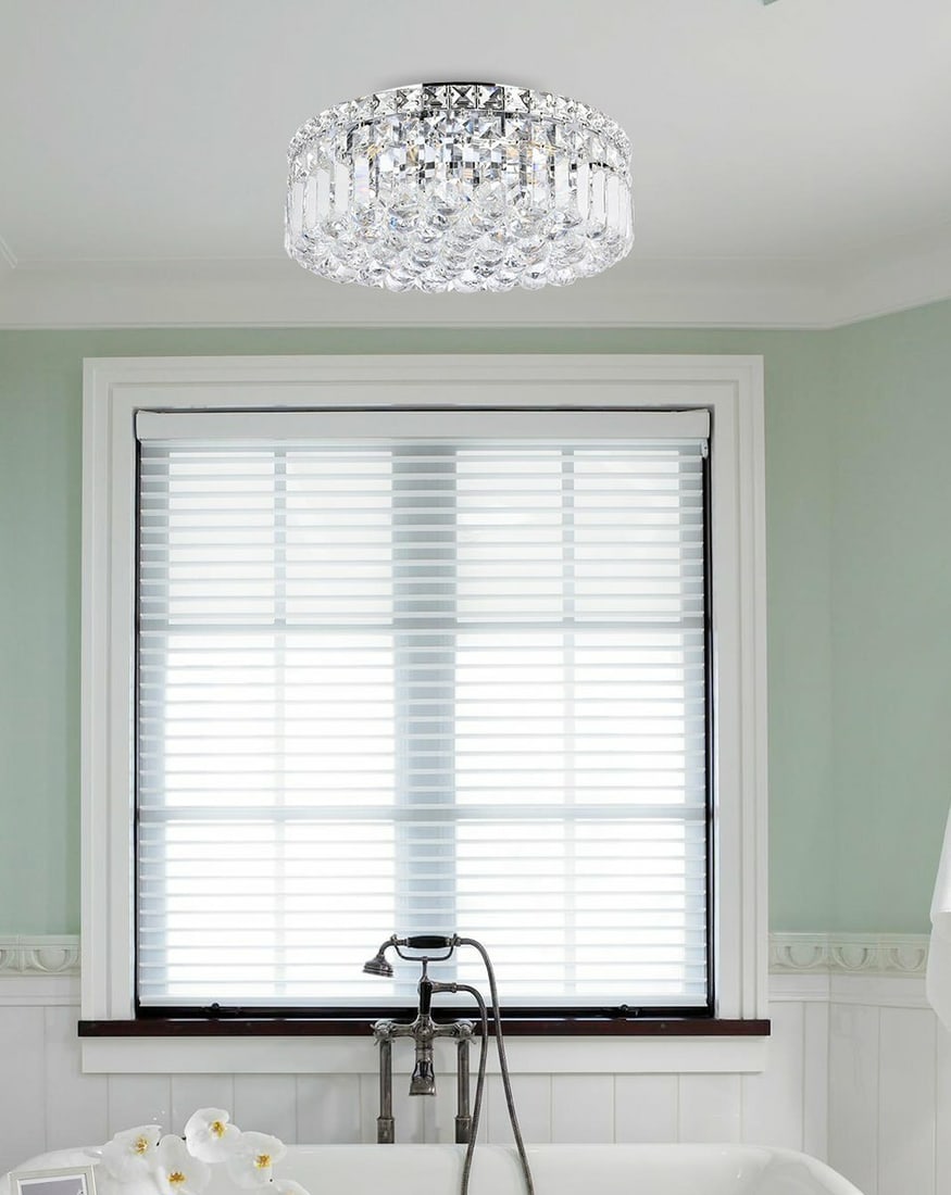 Maxime 5 Light Chrome Crystal Flush Mount Chandelier 16: Maxime 5 Light Chrome Crystal Flush Mount Chandelier 16 This modern flush mount chandelier features a sleek chrome finish and is adorned with Royal Cut clear crystals, offering a sophisticated lightin