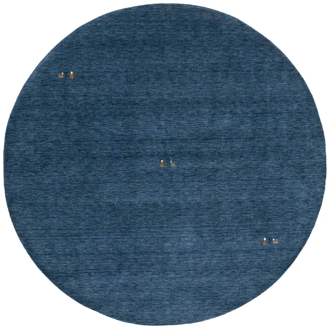 Modern Blue Gabbeh Wool 6' Round Rug for Kids Room: Modern Blue Gabbeh Wool 6' Round Rug for Kids Room Enhance your space with this stunning Tribal Pictorial Design Blue Gabbeh Wool Round Rug, ideal for a kids' room or dining area. Crafted from high-qu