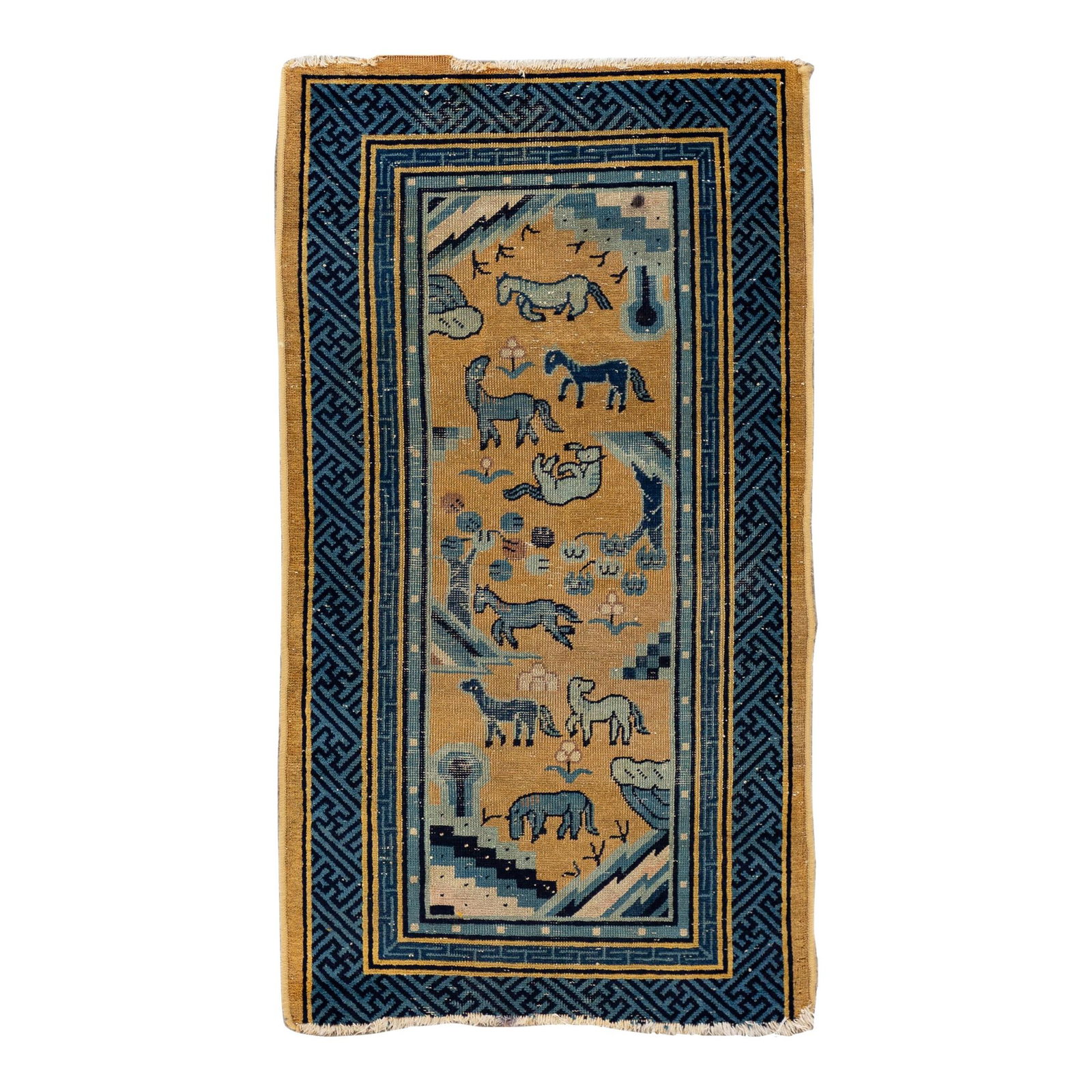 Vintage Chinese Hand-Knotted Wool Rug Beige Art Deco Design 2'6 x 4'8: Vintage Chinese Hand-Knotted Wool Rug Beige Art Deco Design 2'6 x 4'8 This exquisite vintage Chinese hand-knotted wool rug features a warm beige field complemented by a striking blue frame and rich br