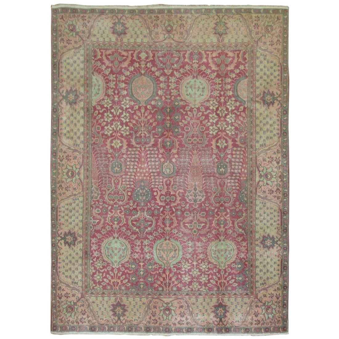 Vintage Fuschia Pink Indian Rug Hand-Knotted Wool 60 x 80 Inches: Vintage Fuschia Pink Indian Rug Hand-Knotted Wool 60 x 80 Inches This exquisite vintage Indian rug showcases a vibrant fuchsia pink base, beautifully complemented by mint green, gray, and pink accents
