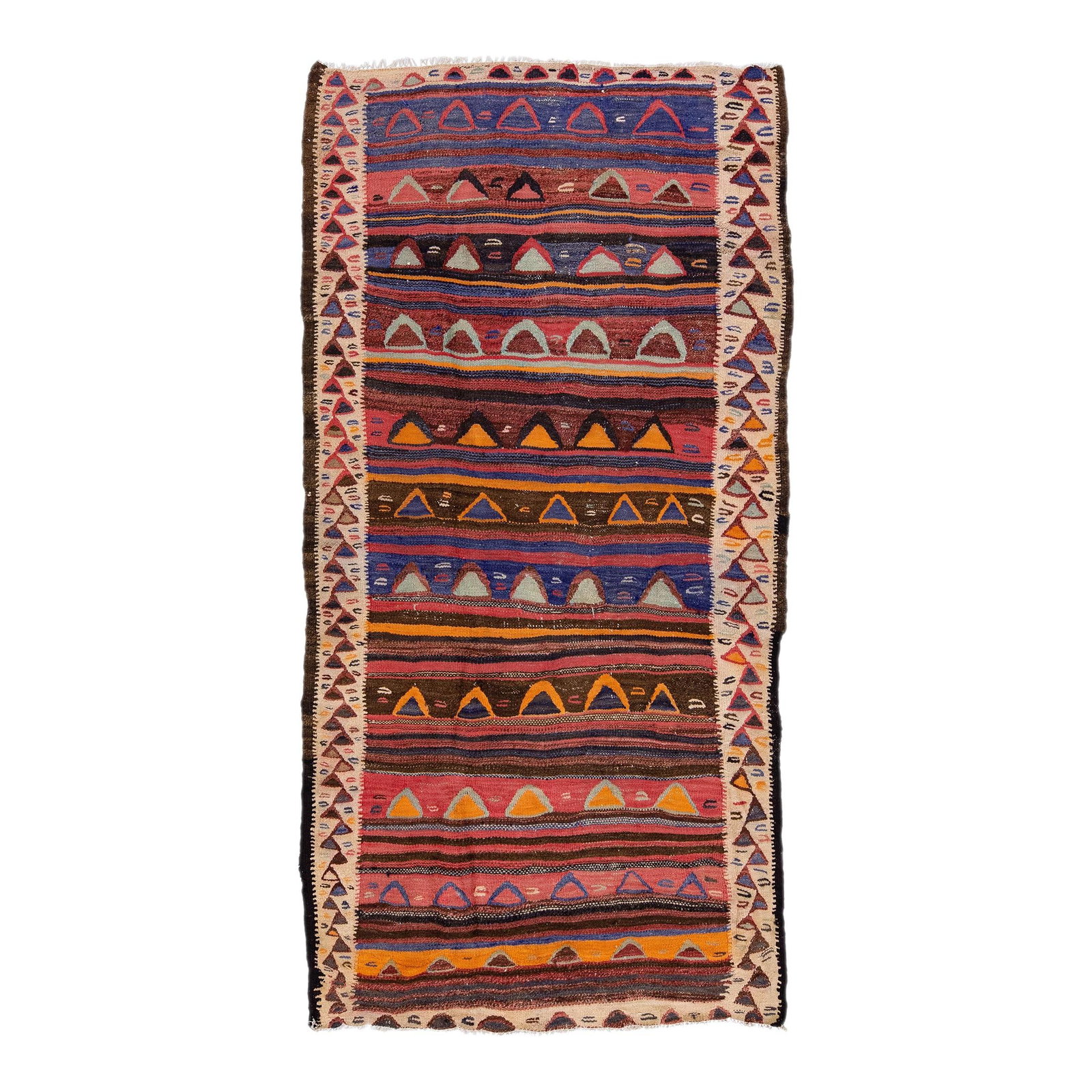 Vintage Turkish Kilim Handmade Wool Rug Multicolor Geometric Design 4'11 x 9'1: Vintage Turkish Kilim Handmade Wool Rug Multicolor Geometric Design 4'11 x 9'1 This stunning vintage Turkish Kilim rug showcases exquisite hand-knotting in rich wool. The design features a brown field