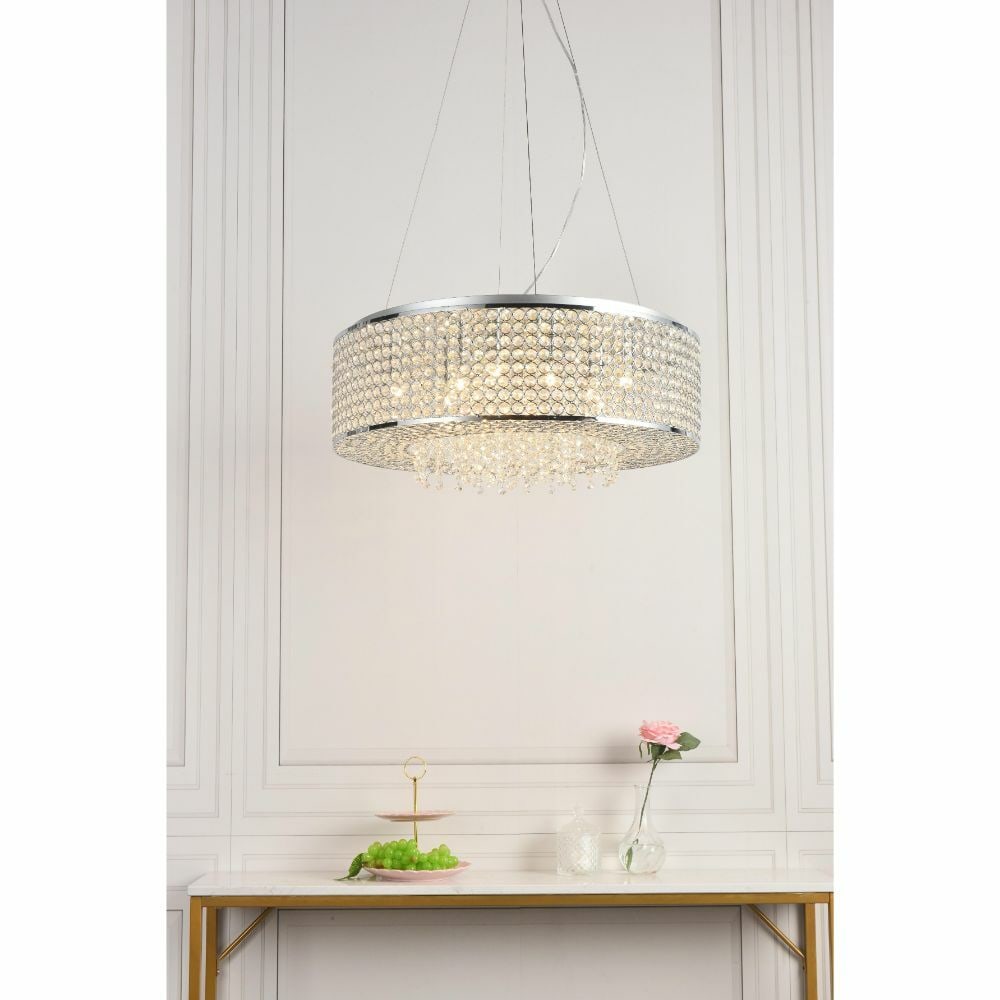 Amelie Chrome Crystal 10 Light Flush Mount Chandelier 24 in: Amelie Chrome Crystal 10 Light Flush Mount Chandelier 24 in This modern crystal chandelier from the Amelie collection features a chrome-plated circular frame adorned with royal-cut clear crystals. Des