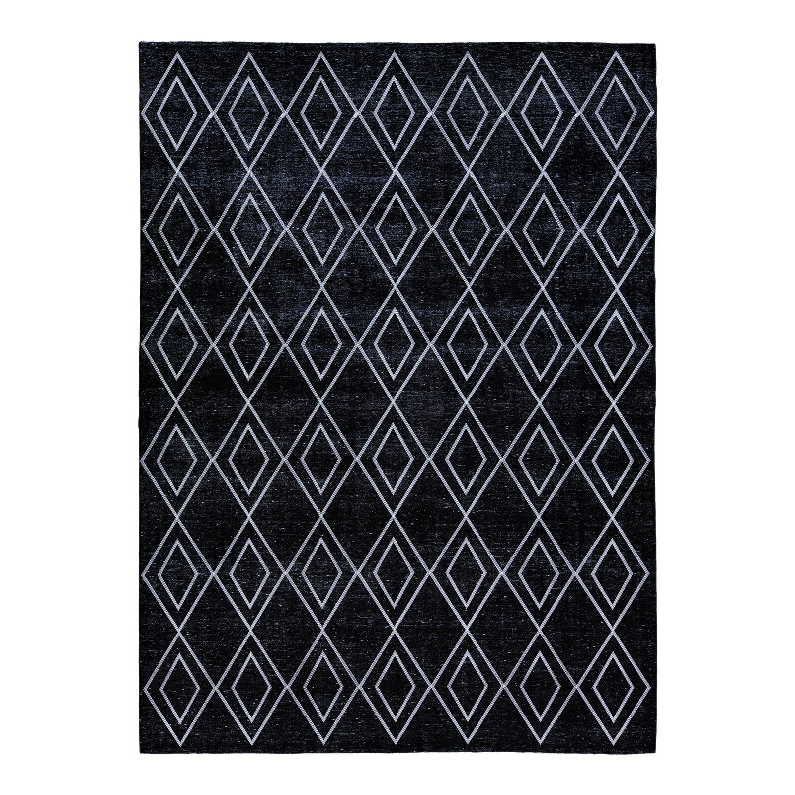 Stunning Black Turkish Handmade Wool Rug with Geometric Design 9'3 x 13': Stunning Black Turkish Handmade Wool Rug with Geometric Design 9'3 x 13' This exquisite Turkish handmade wool rug features a striking black distressed field adorned with a stunning all-over geometric 